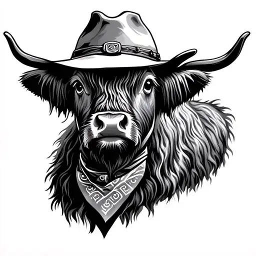 simple highland cow wearing cowboy hat and bandana on neck tattoo design idea