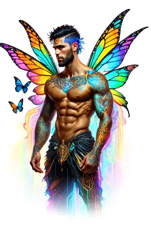 Gay male faery, massive bodybuilder musculature. Around him are butterflies, rainbows. tattoo design idea