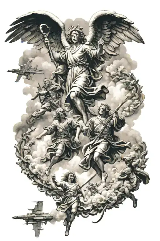 Angels coming down from heaven for a war scene tattoo design idea