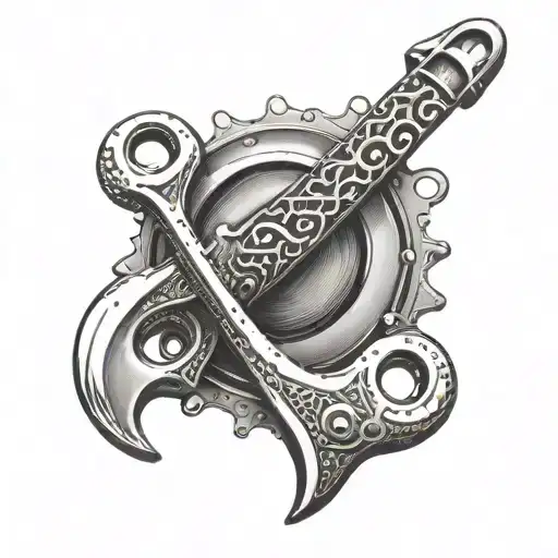 A plumber's wrench morphing into a fishing rod, with each handle representing one of the client's sons tattoo design idea