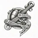 A plumber's wrench morphing into a fishing rod, with each handle representing one of the client's sons tattoo design idea