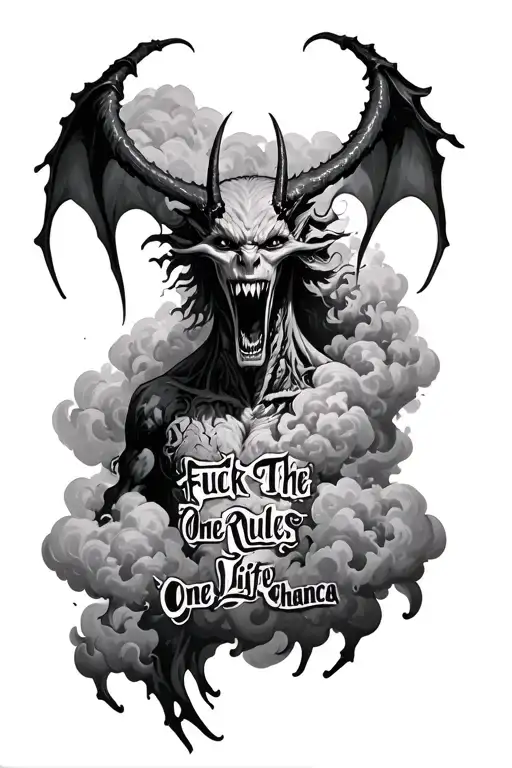 Demon with written Fuck The Rules One Life One Chanca all overwhelmed by clouds tattoo design idea