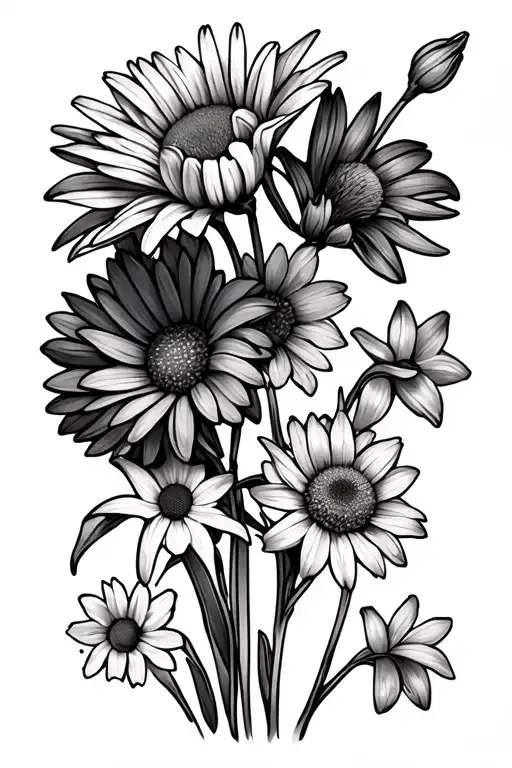 fine line vertical spine tattoo with 3 Chrysanthemum, 1 daisy, 1 daffodils, 1 gladiolus in that order small thin   tattoo design idea