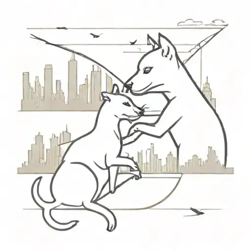 A minimalist tattoo of a cat and dog playing together in front of the New York City skyline tattoo design idea