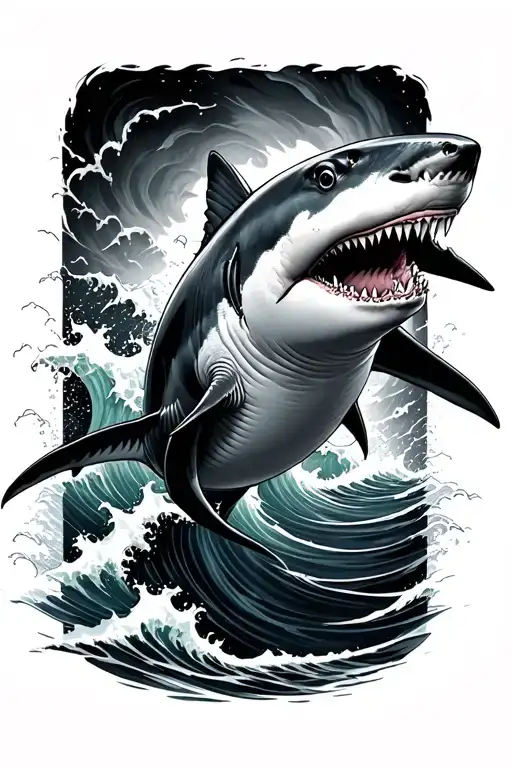Shark swimming with waves crashing tattoo design idea