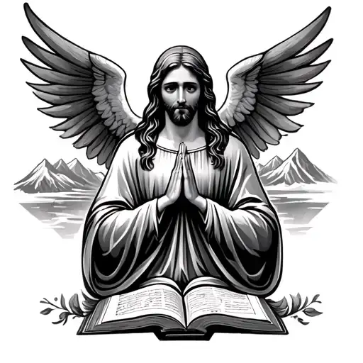 marry from the bible praying infront of an angle and the backround is the mountains of hungary  tattoo design idea