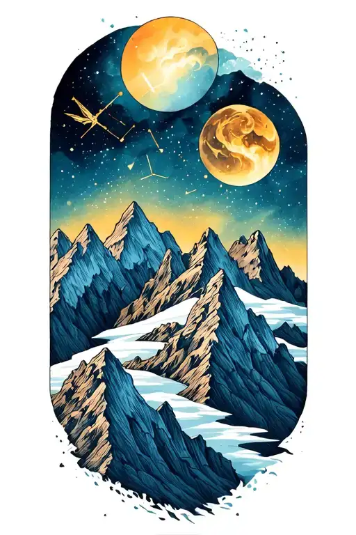 3 mountain tops with Leo Virgo and Sagittarius constellation above tattoo design idea