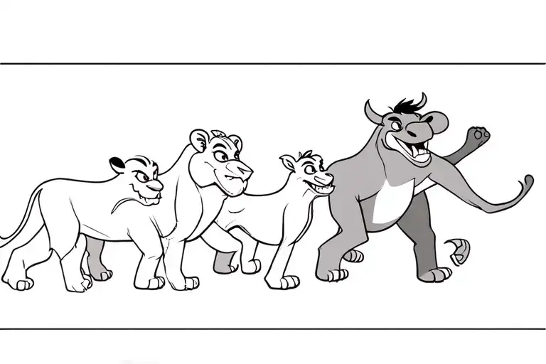 Rey Leon with Timon, Stich and Pumba walking from left to right and Scar Mirand them from right to left tattoo design idea