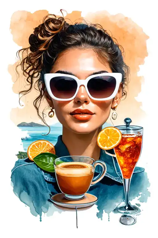 Face of a girl wearing white sunglasses, amalfi coast in the background, espresso with moka pot, Aperol spritz tattoo design idea