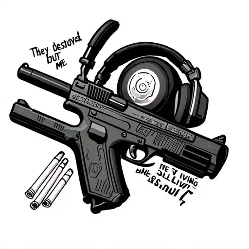 air soft gun with dj head phones and cod and cigarettes tattoo writing saying they destroyed me but still living  tattoo design idea