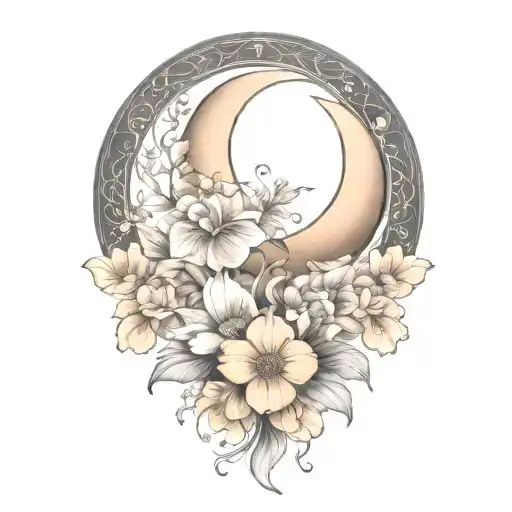 crescent moon, floral, symmetrical, art deco tattoo design idea