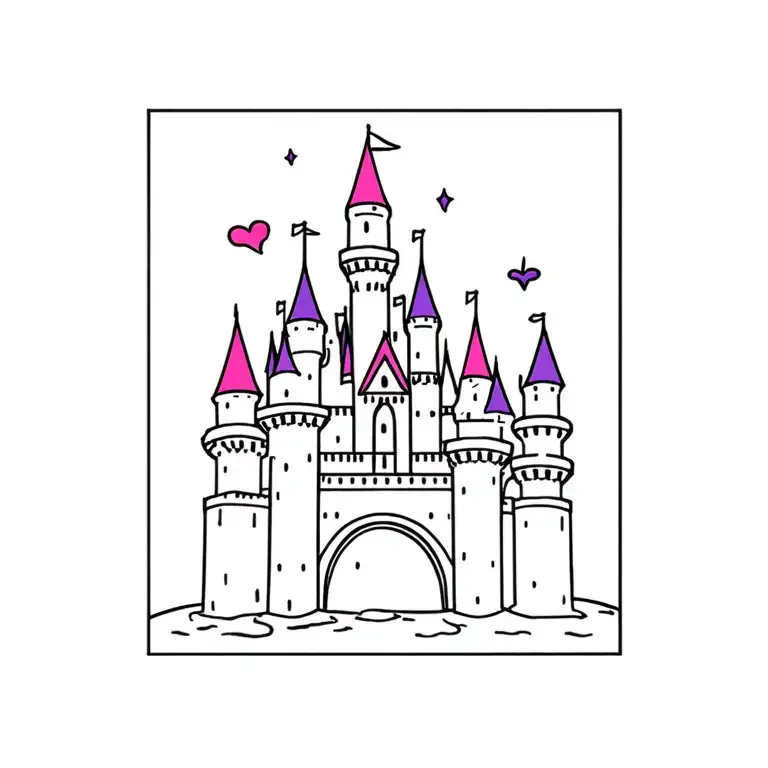 tiny disney castle tattoo with a little bit of color. maybe purples and pinks tattoo design idea