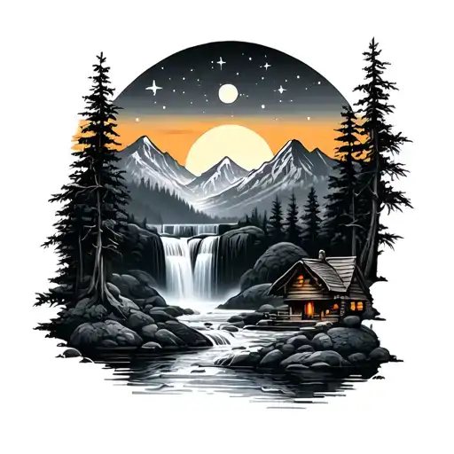 mountain stars panda bamboo river waterfall forest mountain sunrise cabin tattoo design idea
