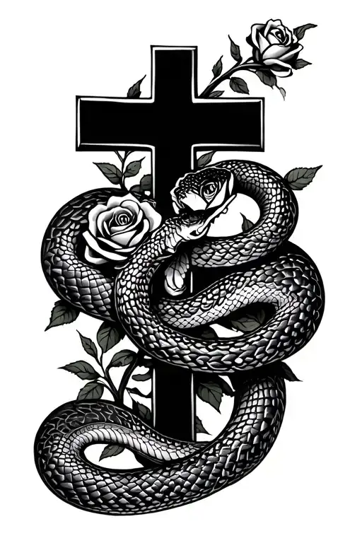 A snake that wrap around a cross with roses surrounding tattoo design idea