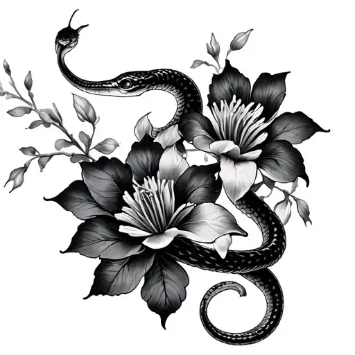 snake flowers in the Japanese style and a lot of black on the whole hand tattoo design idea