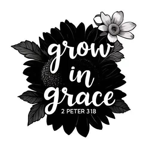 design a tattoo that says "grow in grace - 2 peter 3:18" that includes a photo of a chrysanthemum, a daffodil, a cosmos, tattoo design idea