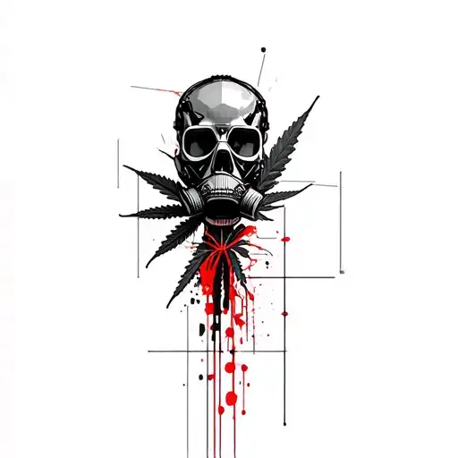 composition A robot skull with a gas mask,in the background a marijuana leaf,hexagonal grid tattoo design idea