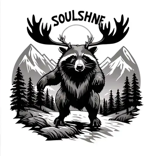 mountain scene, word soulshine, raccoon, moose, sun, grateful dead dancing bear in background tattoo design idea