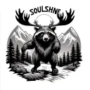 mountain scene, word soulshine, raccoon, moose, sun, grateful dead dancing bear in background tattoo design idea