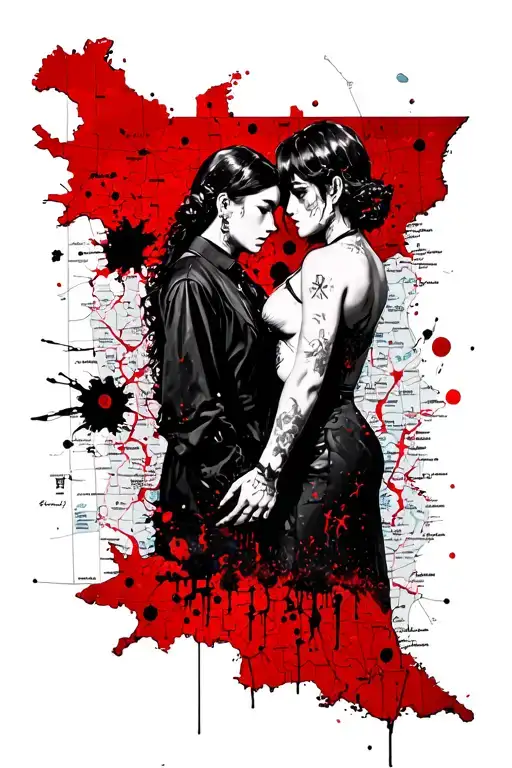 Oldschool representing a couple, on a map, a little Gothic, with a pronounced Japanese style in the background tattoo design idea