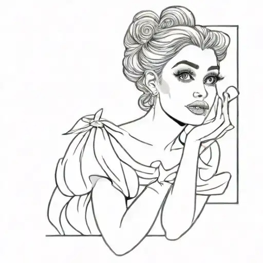 simple lineal tattoo of ariana grande as glinda in wicked in an old book ilustrations style tattoo design idea