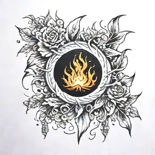 arm tattoo with fire, over thesolar eclipse fire is in the forest tattoo design idea