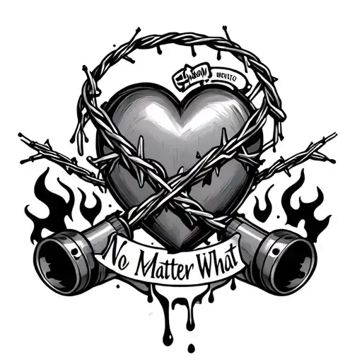 "No Matter What" Sacred Heart, 2 motorcycle pistons crossing through it, barbed wire wrap, oil drips,, 2 short exhaust pipes with flames. tattoo design idea