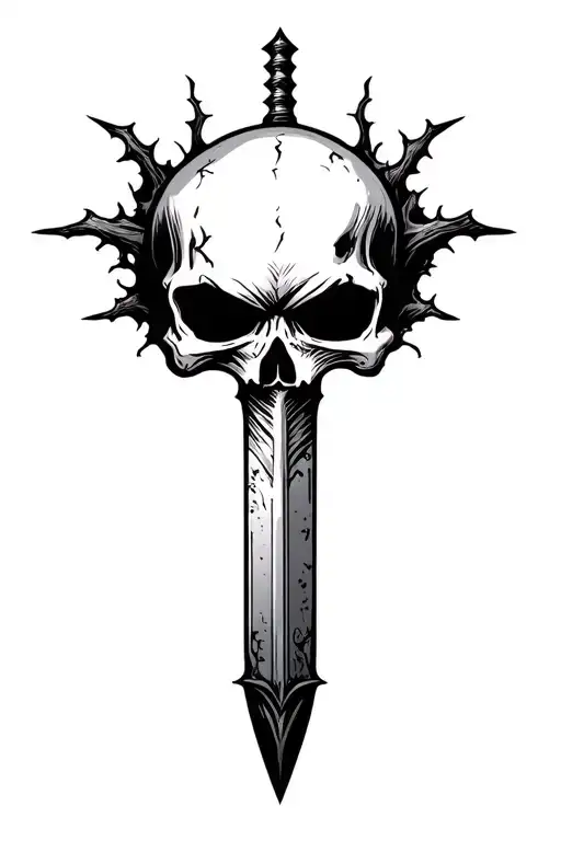 serrated blade, skull head, massacre, sejmitar, darkest dungeon tattoo design idea