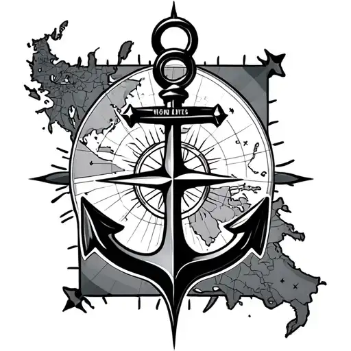 map with boat anchor and compass on top tattoo design idea