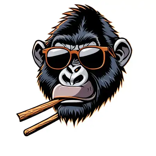 goofy gorilla wearing sunglasses, with a pierced lip and ears, biting a splintered wooden toothpick in full color tattoo design idea