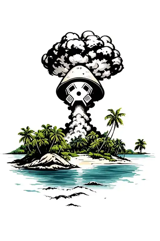 A mushroom cloud from a violent nuclear explosion on a tropical island. A soldier's face with a nuclear mask on tattoo design idea