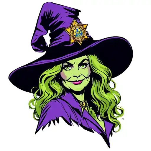 A new-school design of the Wicked Witch of the West with a police badge on her hat tattoo design idea