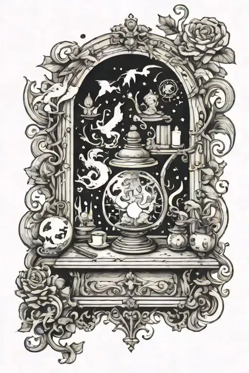 the Spellshop, magical, fantasy scene, fantasy book tattoo design idea