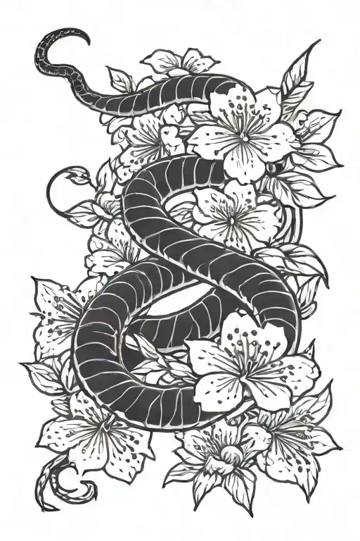cherry blossoms with black mamba snake wrapped tattoo design idea