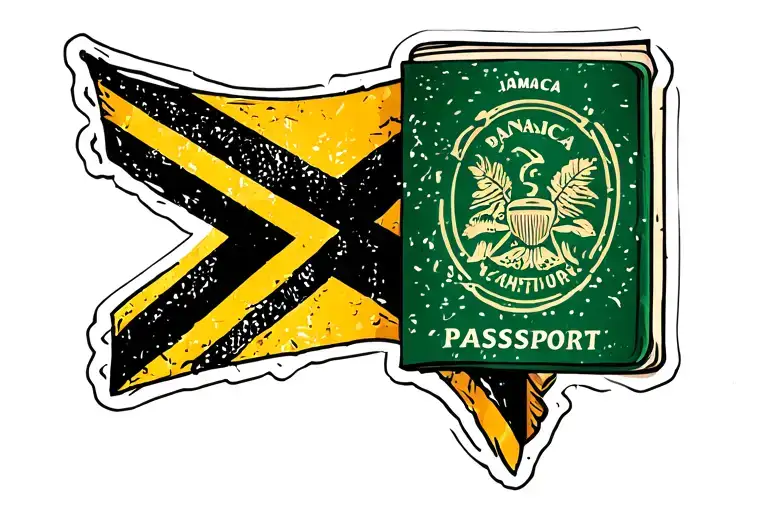 Jamaica passport stamp tattoo with Jamaican colors. Tattoo looks 3d like a sticker tattoo design idea