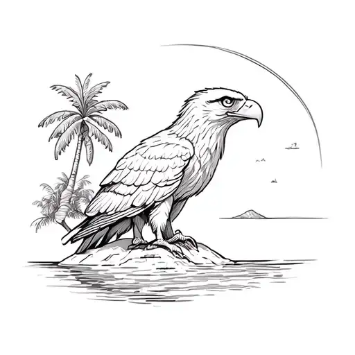 Eagle and Banana tree on a island outline tattoo design idea