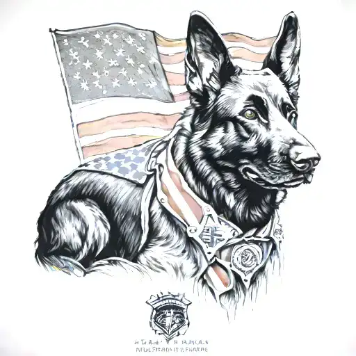 black German shepherd with American flag wrapped with military police badge  tattoo design idea