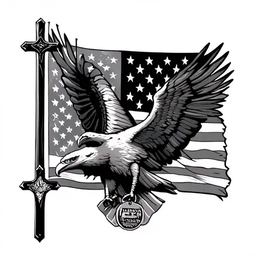 american flag eagle soaring holding a cross and a veterans dog tags tattoo design idea