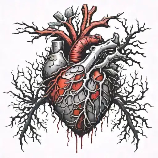 Silver Realistic Human Heart, bleeding, wrapped in thorny branches, bloody, Black red, veins Vessels, Aorta valve, satan tattoo design idea