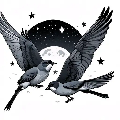 3 little birds flying to the night sky with stars and moon tattoo design idea