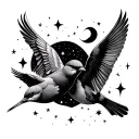 3 little birds flying to the night sky with stars and moon tattoo design idea