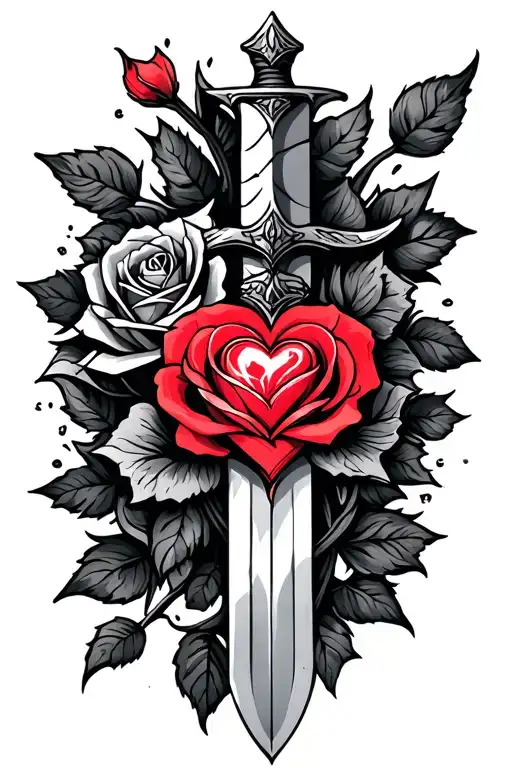 viking sword with hearth and rose tattoo design idea
