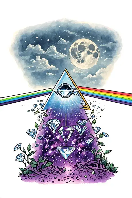 Pink Floyd dark side of the moon into a sky of diamonds with purple haze rising from the ground tattoo design idea