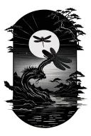 Japanese Rising Sun with a dragonfly landing tattoo design idea