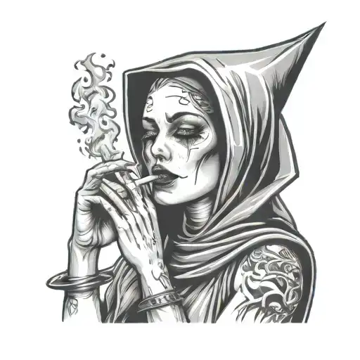 sexy bad nun smoking a cigarette tattoo design idea