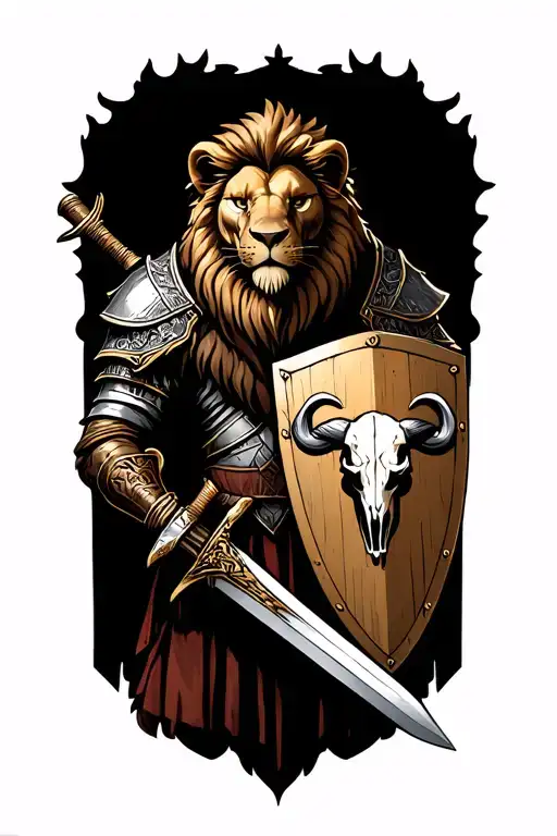 humanoid lion warrior holding a sword and a shield with a ram skull drawn on it and it says the black sheep  tattoo design idea
