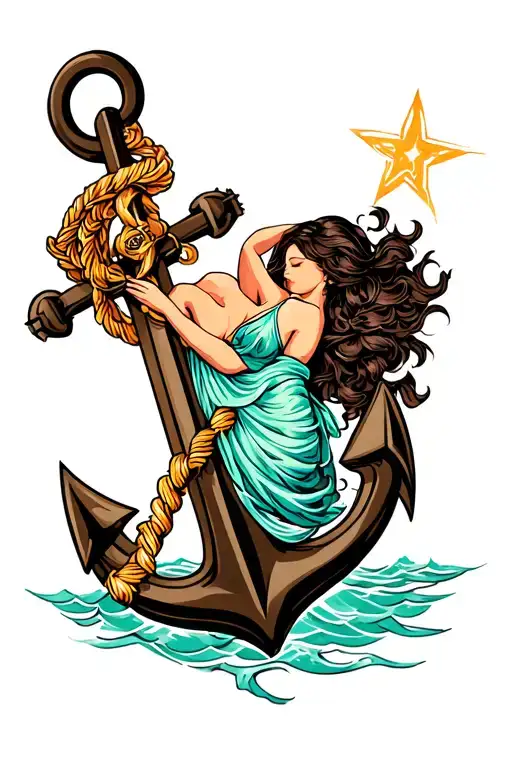 full color, siren sleeping on anchor tattoo design idea