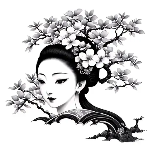 Geisha, Daruma, Sakura Bloosom Bonsai Tree tattoo design idea
