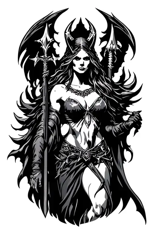 Morrigan Goddess of Death holding a spear tattoo design idea