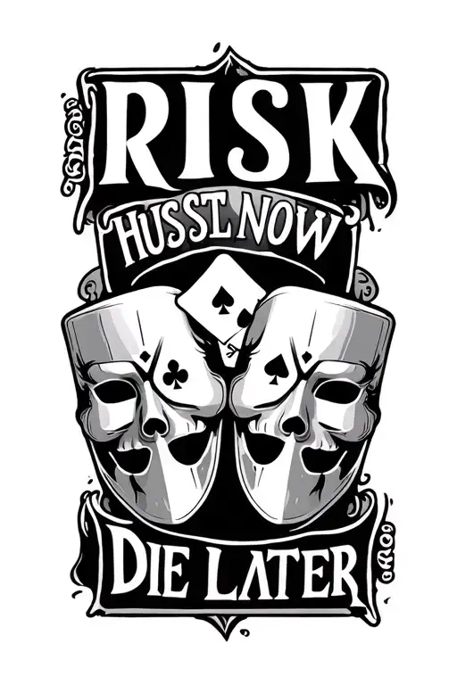 the word RISK in old English with three aces in the middle. Add HUSSTLE NOW and DIE LATER written below two masks  tattoo design idea